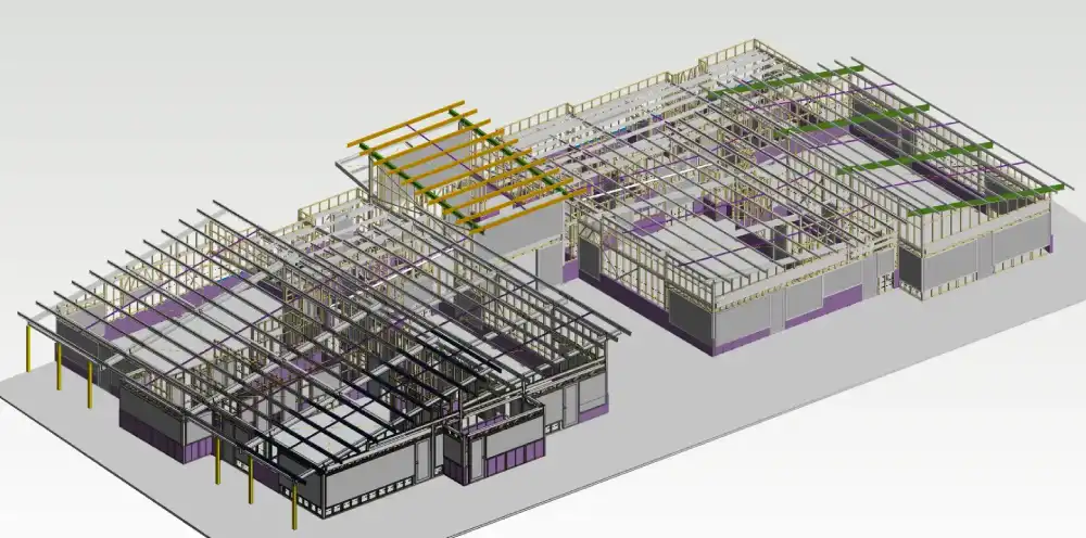 3D render of a two-wing industrial building under construction, showing exposed steel framework and purple base panels.