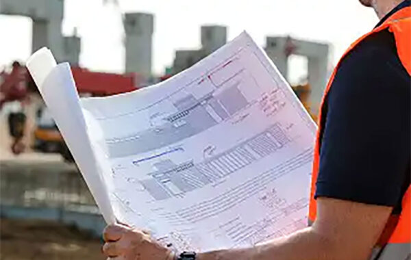 Construction worker in an orange safety vest holds blueprint plans at a construction site.