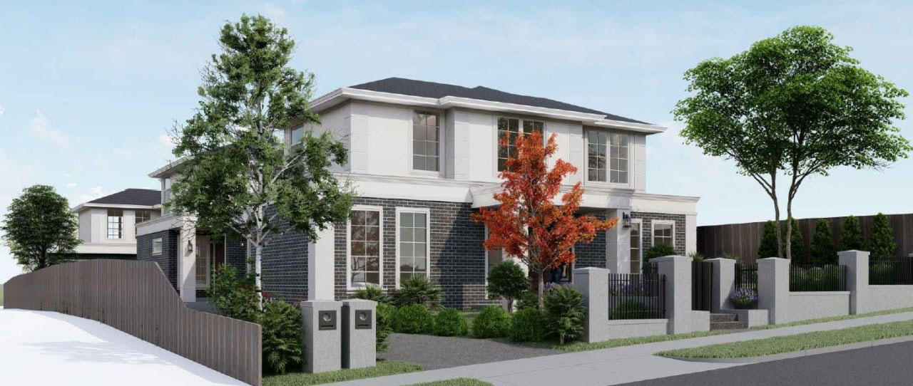 Rendered front view of a two-story suburban house with dark brick, white trim, a gated front yard, and landscaped trees.